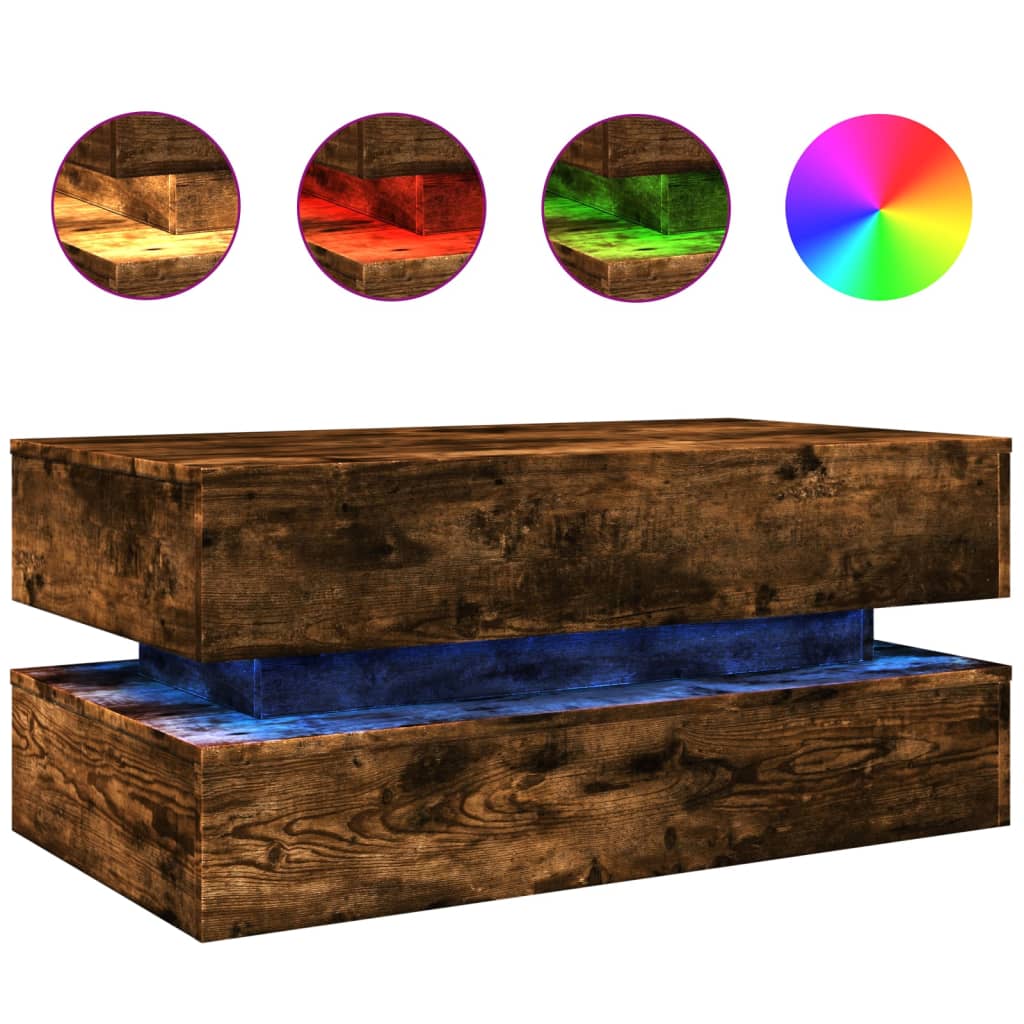 vidaXL Măsuță de cafea cu lumini LED, stejar afumat, 90x50x40 cm vidaXL Măsuță de cafea cu lumini LED, stejar afumat, 90x50x40 cm