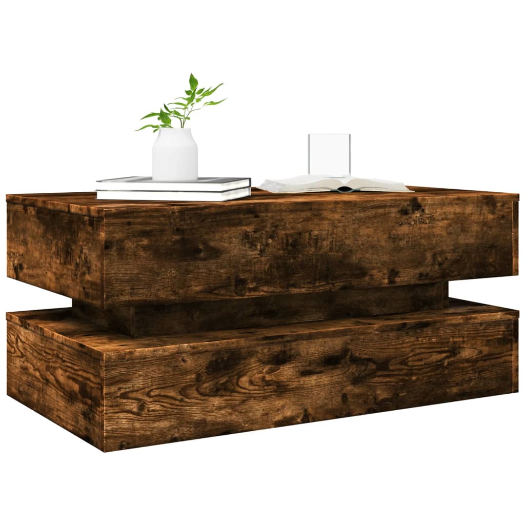 vidaXL Măsuță de cafea cu lumini LED, stejar afumat, 90x50x40 cm vidaXL Măsuță de cafea cu lumini LED, stejar afumat, 90x50x40 cm