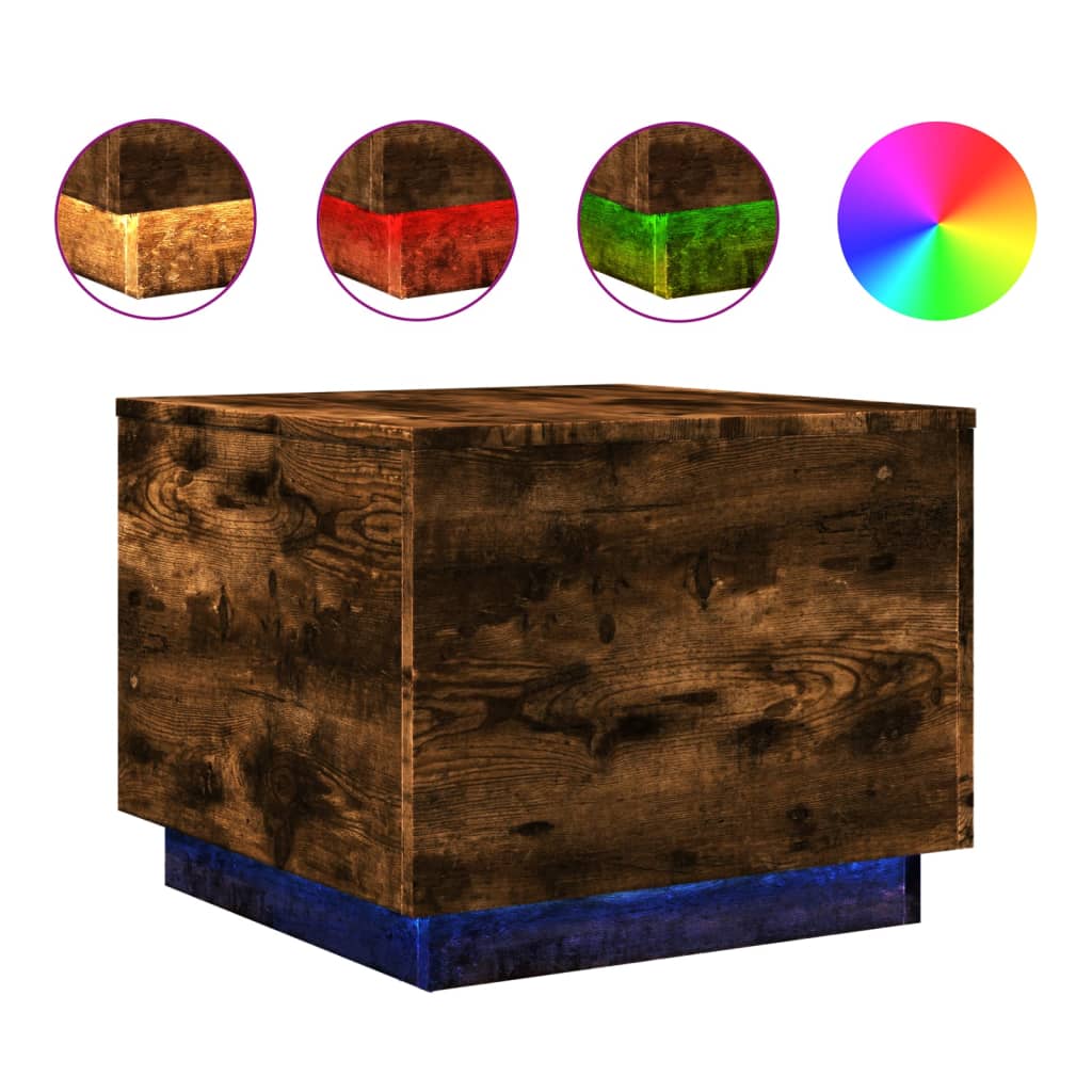 vidaXL Măsuță de cafea cu lumini LED, stejar fumuriu, 50x50x40 cm vidaXL Măsuță de cafea cu lumini LED, stejar fumuriu, 50x50x40 cm