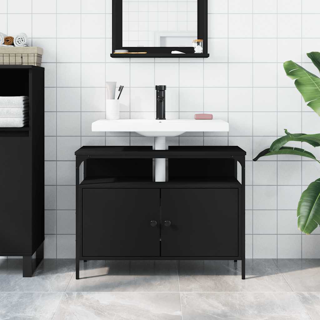 vidaXL Dulap pentru chiuvetă baie, negru, 80x30x60 cm, lemn prelucrat vidaXL Dulap pentru chiuvetă baie, negru, 80x30x60 cm, lemn prelucrat