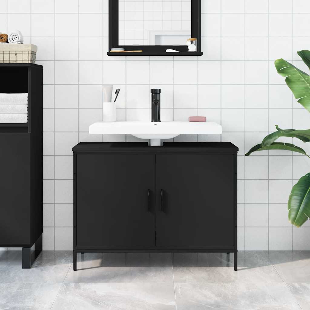vidaXL Dulap pentru chiuvetă baie, negru, 80x30x60 cm, lemn prelucrat vidaXL Dulap pentru chiuvetă baie, negru, 80x30x60 cm, lemn prelucrat