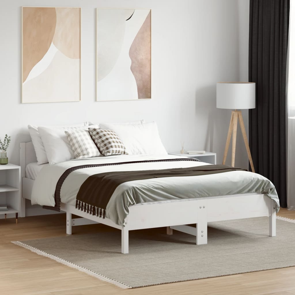 vidaXL Cadru de pat fără saltea, alb, 135x190 cm, lemn masiv de pin vidaXL Cadru de pat fără saltea, alb, 135x190 cm, lemn masiv de pin