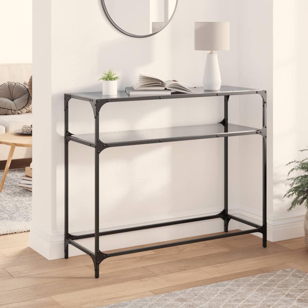vidaXL Măsuță de cafea, blat din sticlă negră, 98x35x81 cm, oțel vidaXL Măsuță de cafea, blat din sticlă negră, 98x35x81 cm, oțel
