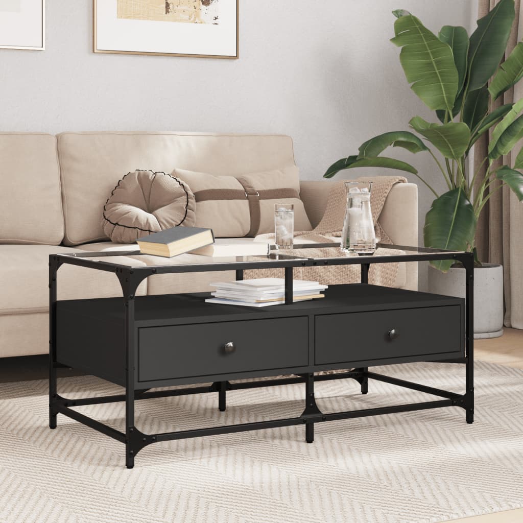 vidaXL Măsuță de cafea cu blat din sticlă negru 98,5x50x45 cm oțel vidaXL Măsuță de cafea cu blat din sticlă negru 98,5x50x45 cm oțel