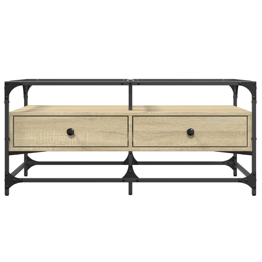 vidaXL Măsuță cafea cu blat din sticlă stejar sonoma 98,5x50x45cm oțel vidaXL Măsuță cafea cu blat din sticlă stejar sonoma 98,5x50x45cm oțel