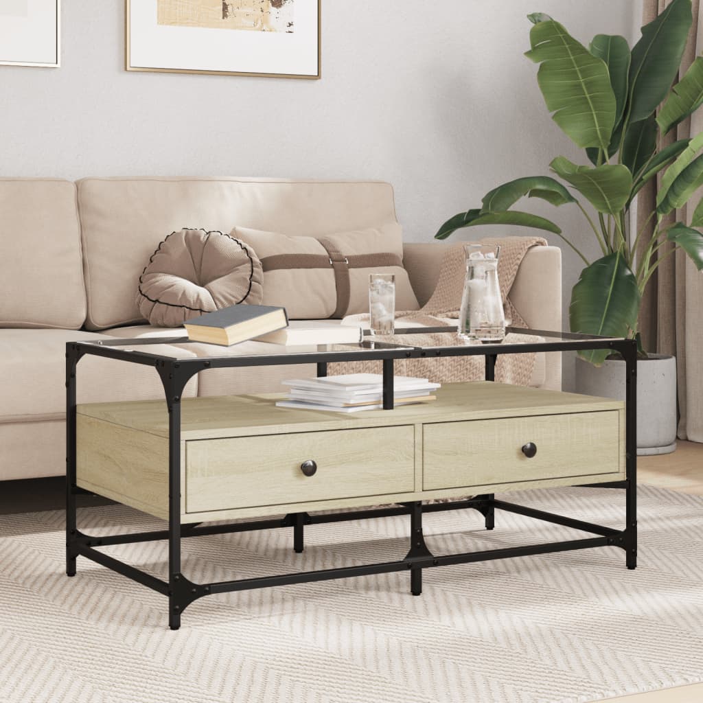 vidaXL Măsuță cafea cu blat din sticlă stejar sonoma 98,5x50x45cm oțel vidaXL Măsuță cafea cu blat din sticlă stejar sonoma 98,5x50x45cm oțel