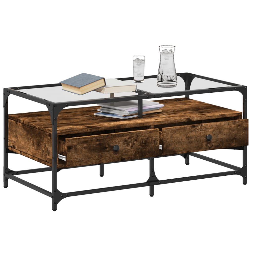 vidaXL Măsuță cafea blat din sticlă stejar fumuriu 98,5x50x45 cm oțel vidaXL Măsuță cafea blat din sticlă stejar fumuriu 98,5x50x45 cm oțel