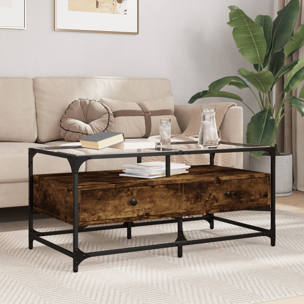 vidaXL Măsuță cafea blat din sticlă stejar fumuriu 98,5x50x45 cm oțel vidaXL Măsuță cafea blat din sticlă stejar fumuriu 98,5x50x45 cm oțel