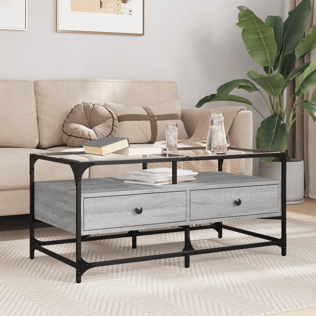 vidaXL Măsuță de cafea cu blat din sticlă gri sonoma 98,5x50x45cm oțel vidaXL Măsuță de cafea cu blat din sticlă gri sonoma 98,5x50x45cm oțel