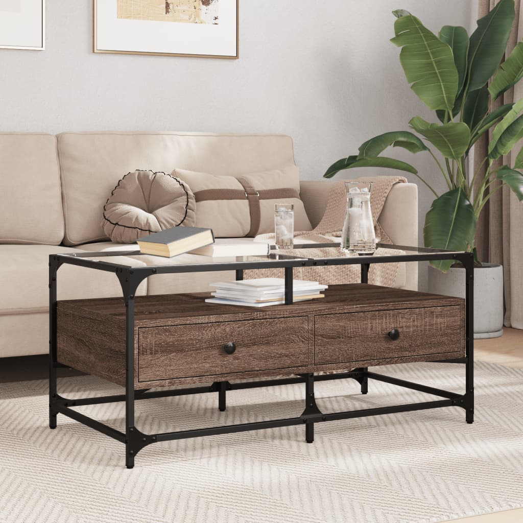 vidaXL Măsuță cafea cu blat din sticlă stejar maro 98,5x50x45 cm oțel vidaXL Măsuță cafea cu blat din sticlă stejar maro 98,5x50x45 cm oțel