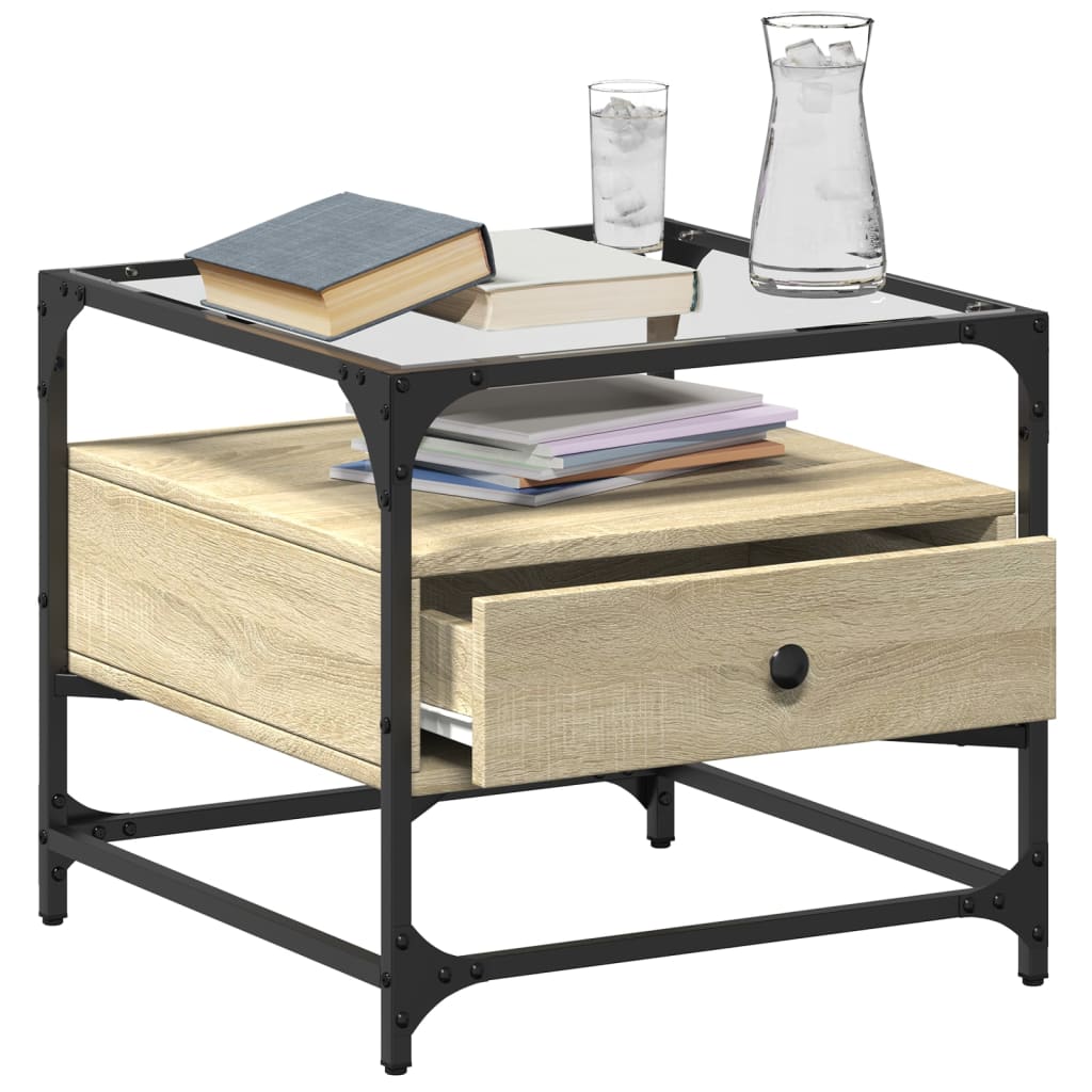 vidaXL Măsuță cafea cu blat din sticlă stejar sonoma 50x50x45 cm oțel vidaXL Măsuță cafea cu blat din sticlă stejar sonoma 50x50x45 cm oțel