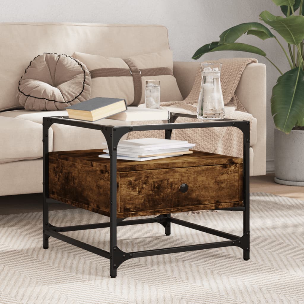 vidaXL Măsuță cafea blat din sticlă stejar fumuriu 50x50x45 cm oțel vidaXL Măsuță cafea blat din sticlă stejar fumuriu 50x50x45 cm oțel