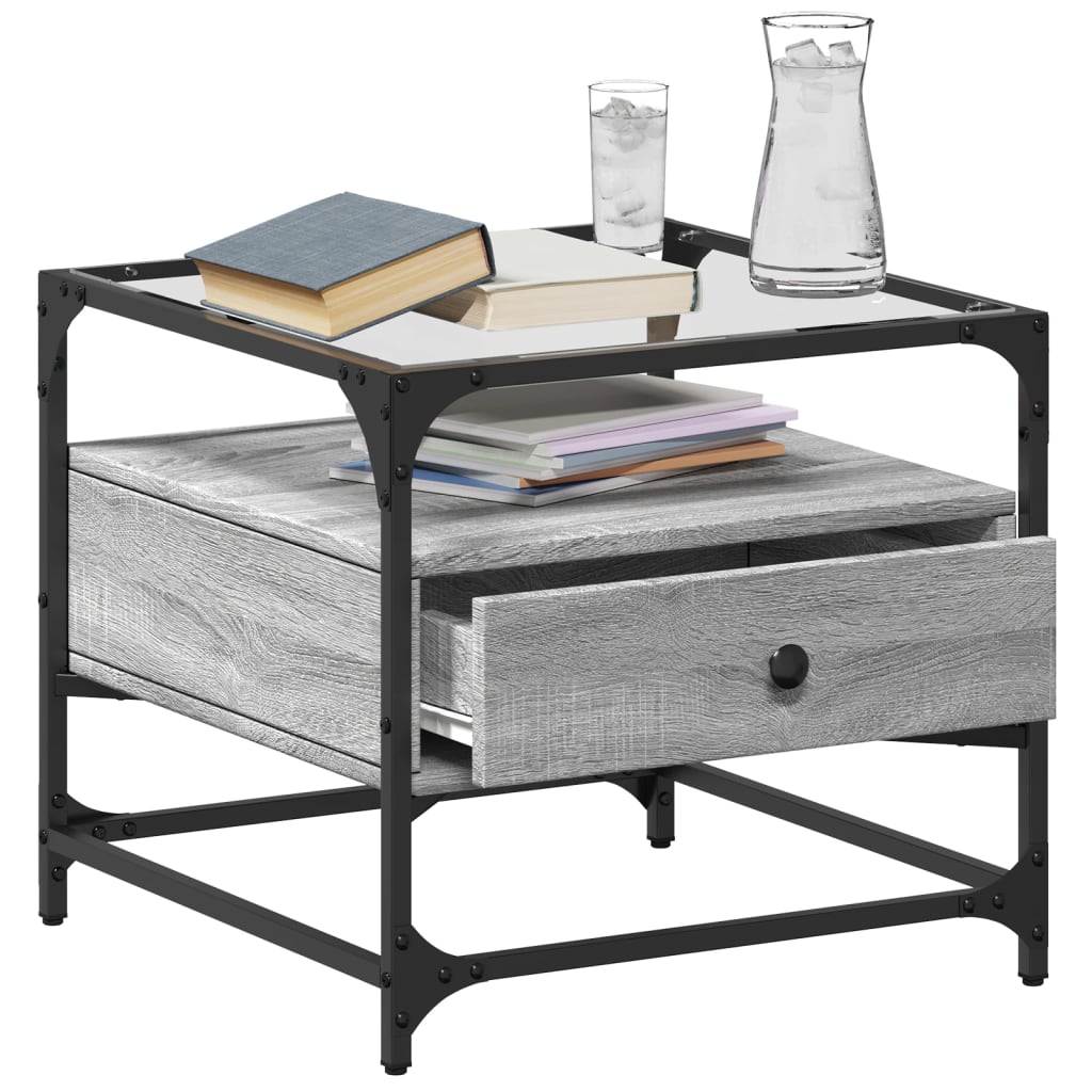 vidaXL Măsuță de cafea cu blat din sticlă gri sonoma 50x50x45 cm oțel