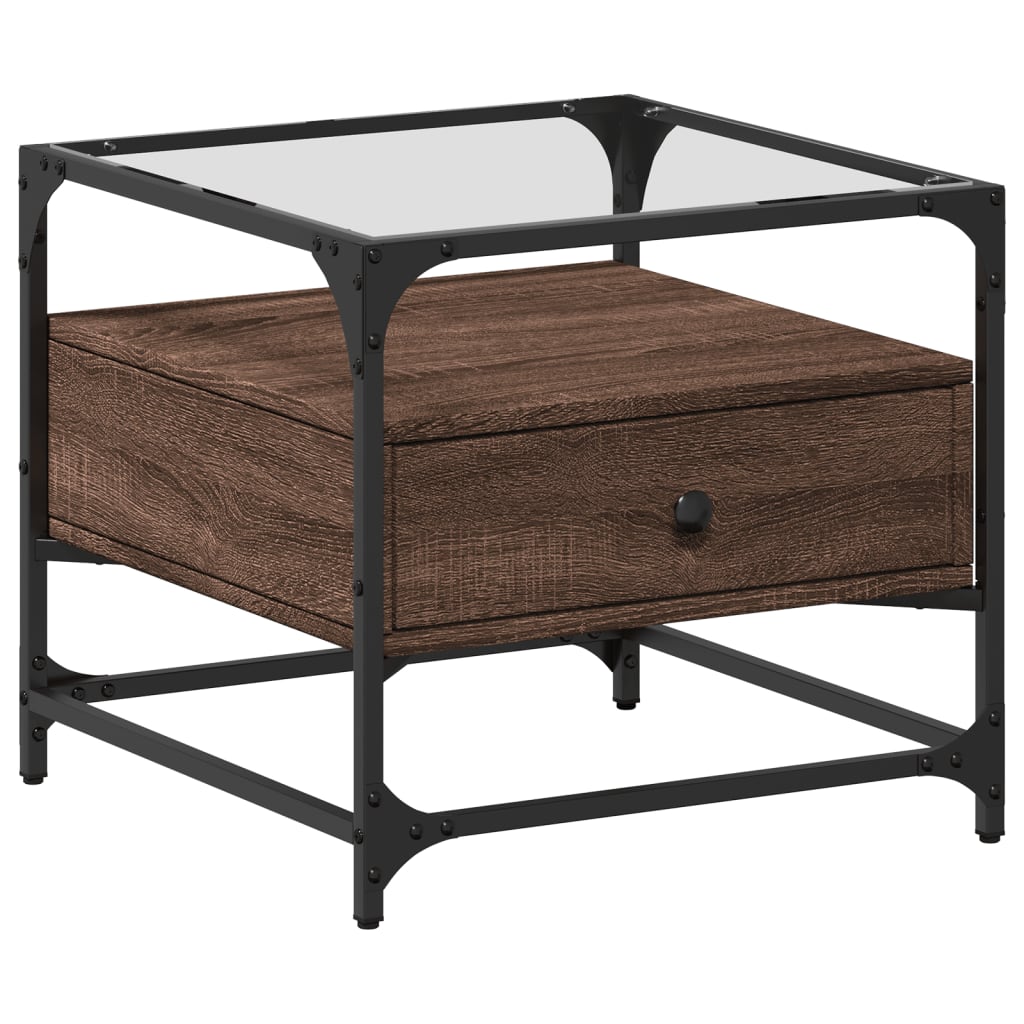 vidaXL Măsuță cafea cu blat din sticlă stejar maro 50x50x45 cm oțel vidaXL Măsuță cafea cu blat din sticlă stejar maro 50x50x45 cm oțel