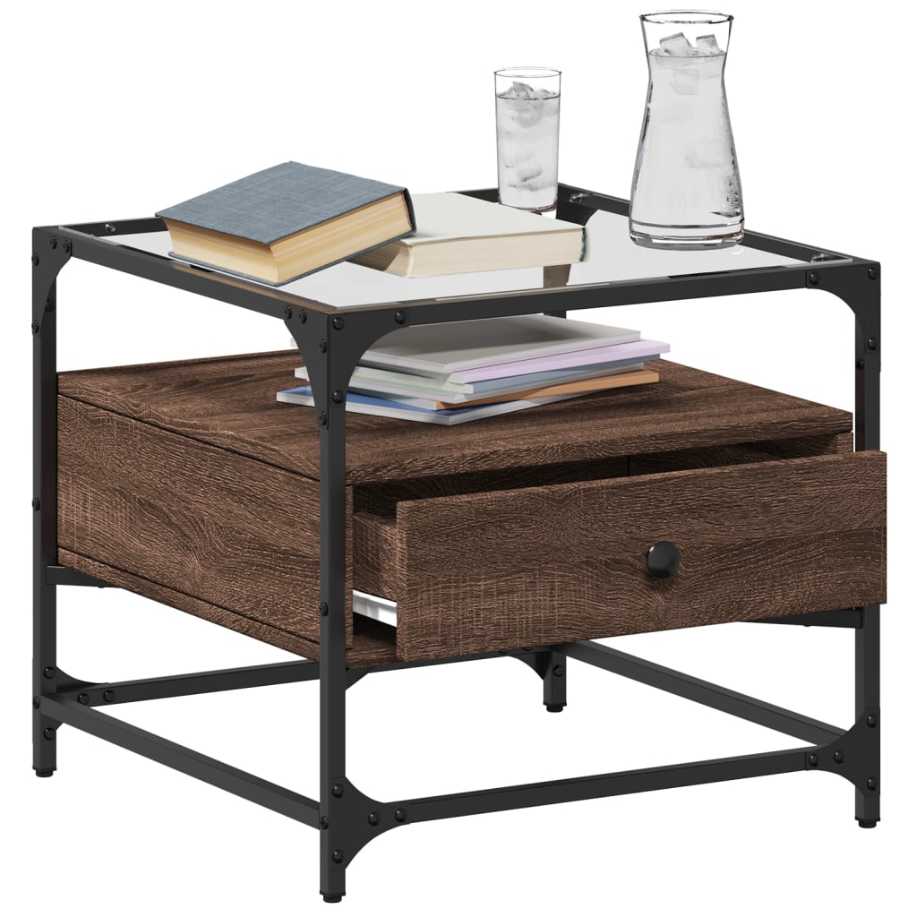 vidaXL Măsuță cafea cu blat din sticlă stejar maro 50x50x45 cm oțel vidaXL Măsuță cafea cu blat din sticlă stejar maro 50x50x45 cm oțel