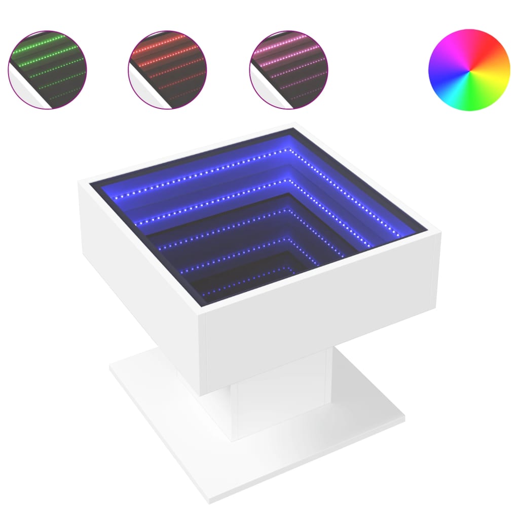 vidaXL Măsuță de cafea cu LED, alb, 50x50x45 cm, lemn prelucrat vidaXL Măsuță de cafea cu LED, alb, 50x50x45 cm, lemn prelucrat