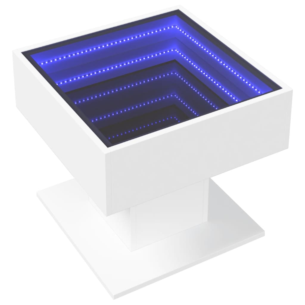 vidaXL Măsuță de cafea cu LED, alb, 50x50x45 cm, lemn prelucrat vidaXL Măsuță de cafea cu LED, alb, 50x50x45 cm, lemn prelucrat