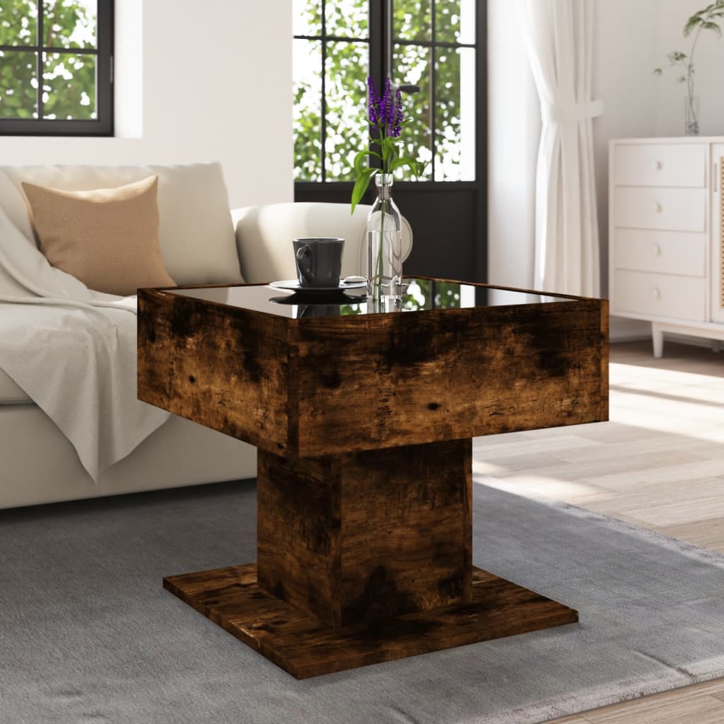 vidaXL Măsuță de cafea cu LED stejar fumuriu 50x50x45cm lemn prelucrat vidaXL Măsuță de cafea cu LED stejar fumuriu 50x50x45cm lemn prelucrat