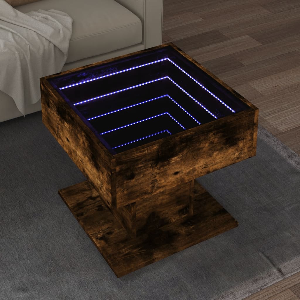 vidaXL Măsuță de cafea cu LED stejar fumuriu 50x50x45cm lemn prelucrat vidaXL Măsuță de cafea cu LED stejar fumuriu 50x50x45cm lemn prelucrat