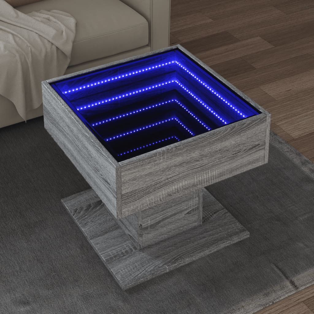 vidaXL Măsuță de cafea cu LED sonoma gri 50x50x45cm lemn prelucrat vidaXL Măsuță de cafea cu LED sonoma gri 50x50x45cm lemn prelucrat
