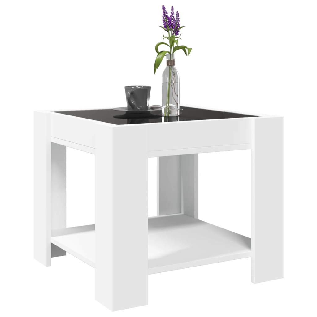 vidaXL Măsuță de cafea cu LED, alb, 53x53x45 cm, lemn prelucrat