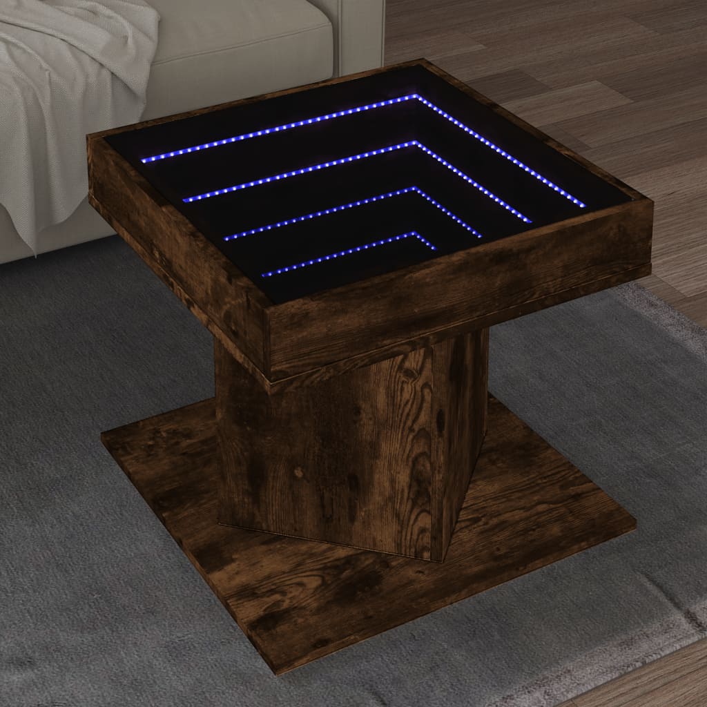 vidaXL Măsuță de cafea cu LED stejar fumuriu 50x50x45cm lemn prelucrat vidaXL Măsuță de cafea cu LED stejar fumuriu 50x50x45cm lemn prelucrat