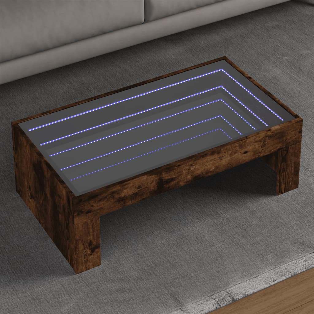 vidaXL Măsuță de cafea cu LED infinity, stejar fumuriu, 90x50x30 cm vidaXL Măsuță de cafea cu LED infinity, stejar fumuriu, 90x50x30 cm