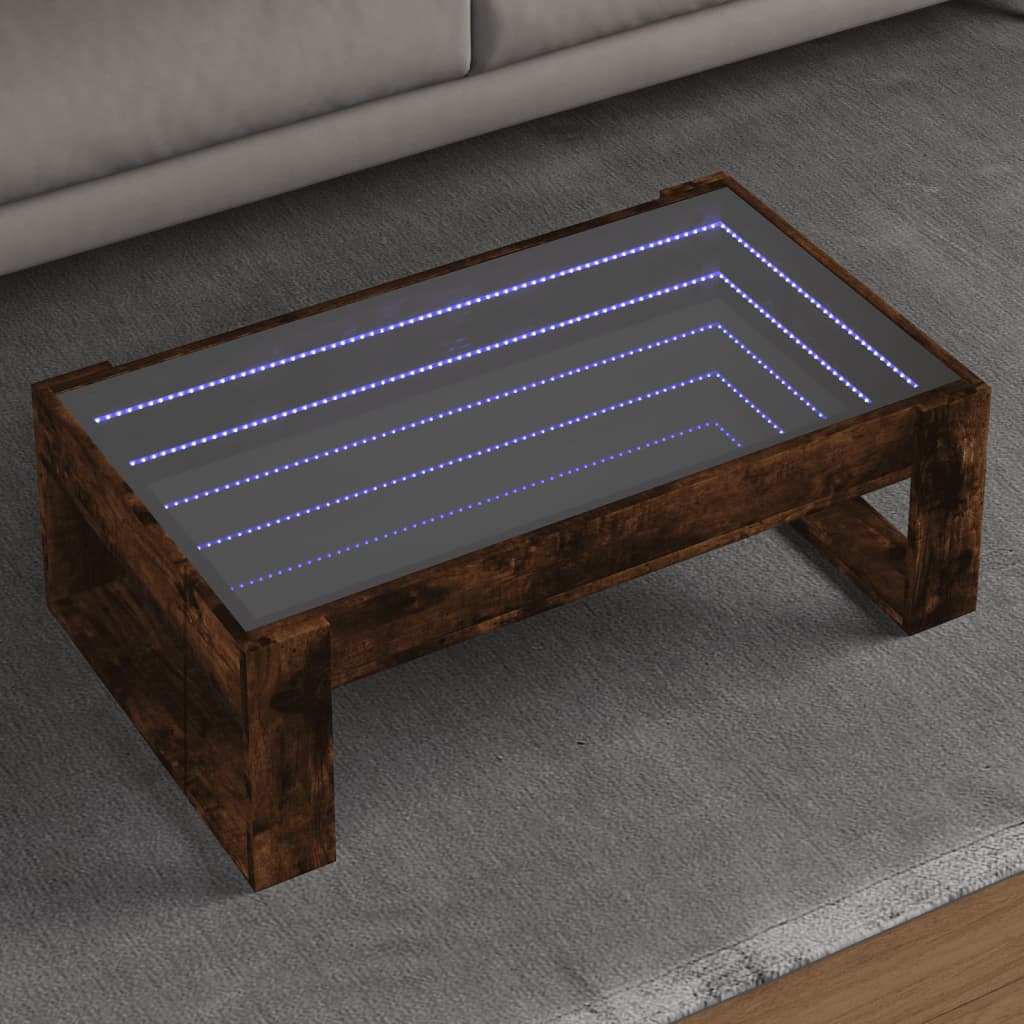 vidaXL Măsuță de cafea cu LED infinity, stejar fumuriu, 90x53x30 cm vidaXL Măsuță de cafea cu LED infinity, stejar fumuriu, 90x53x30 cm