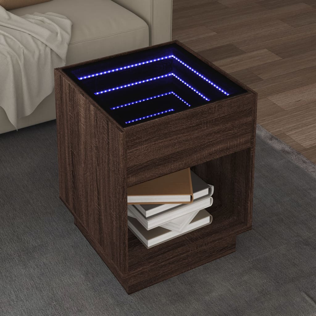 vidaXL Măsuță de cafea cu LED infinity, stejar maro, 40x40x50 cm vidaXL Măsuță de cafea cu LED infinity, stejar maro, 40x40x50 cm