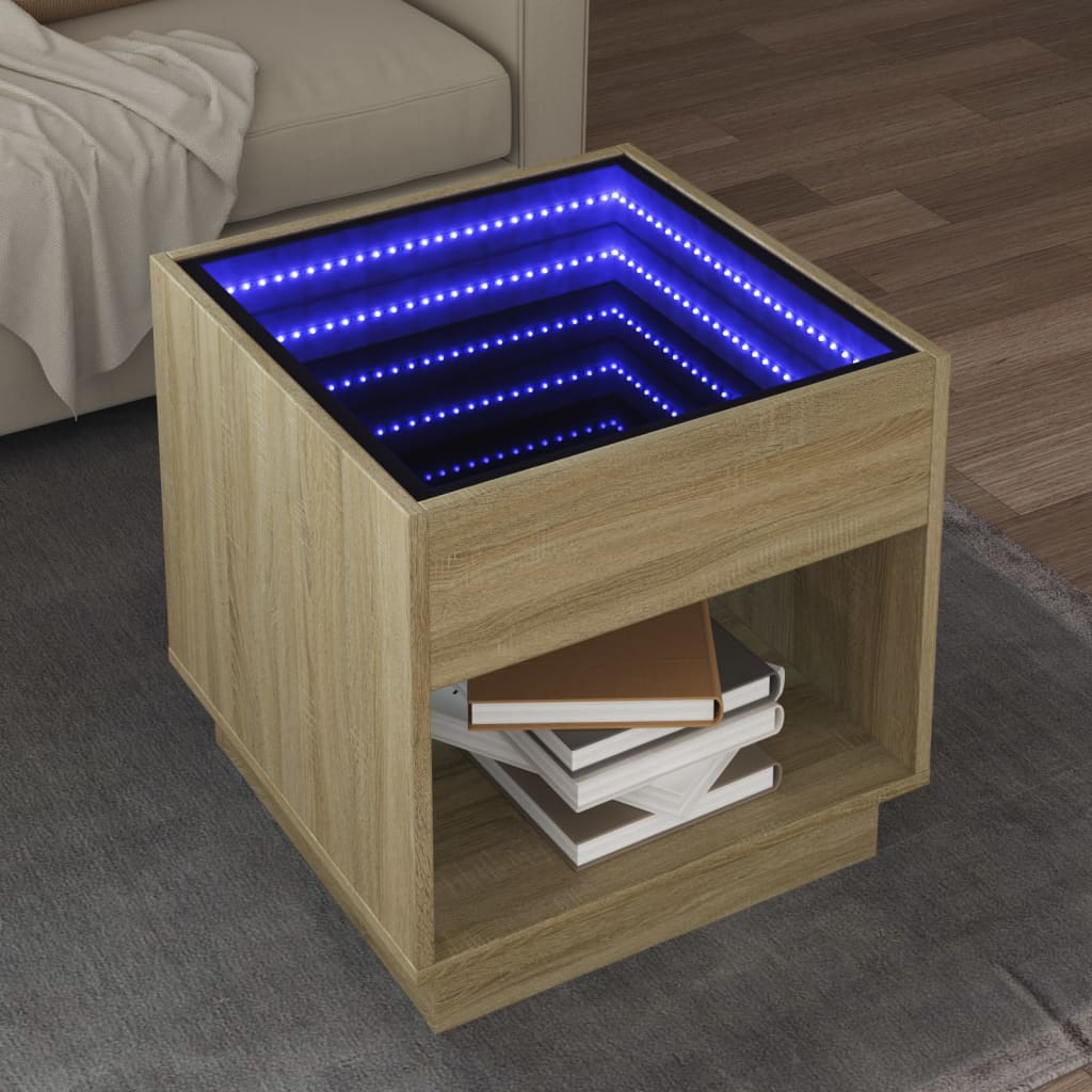 vidaXL Măsuță de cafea cu LED infinity, stejar sonoma, 50x50x50 cm vidaXL Măsuță de cafea cu LED infinity, stejar sonoma, 50x50x50 cm