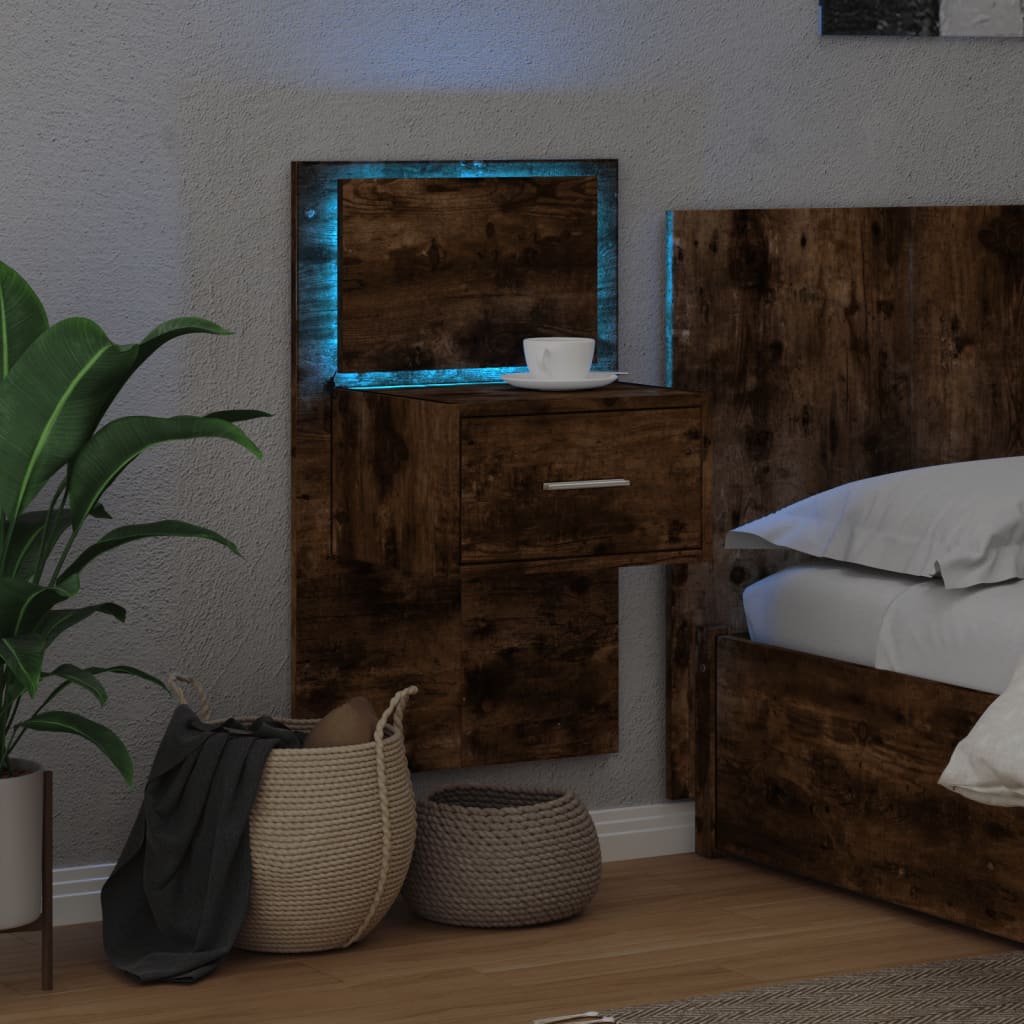vidaXL Noptieră montată pe perete cu lumini LED, stejar fumuriu