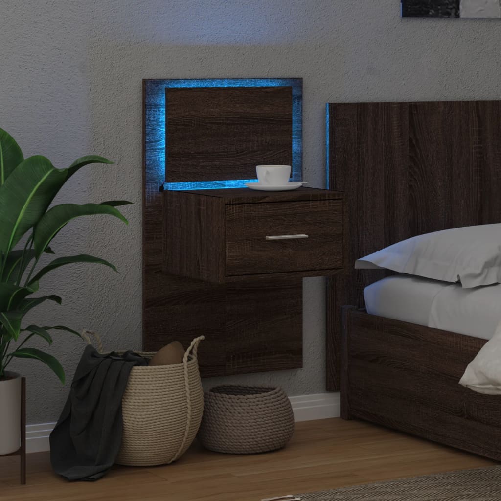 vidaXL Noptieră montată pe perete cu lumini LED, stejar maro