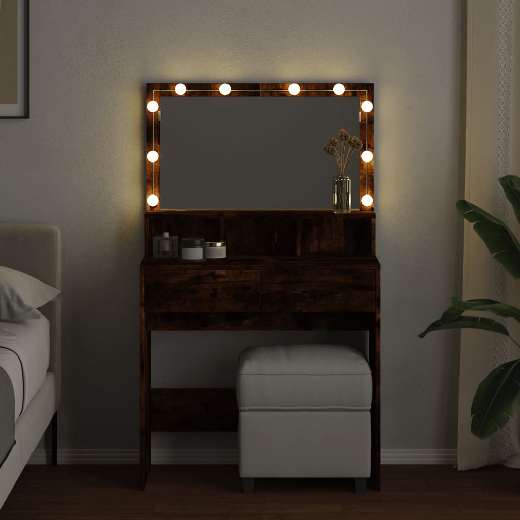 vidaXL Masă de toaletă cu LED, stejar fumuriu, 80x41x134,5 cm vidaXL Masă de toaletă cu LED, stejar fumuriu, 80x41x134,5 cm