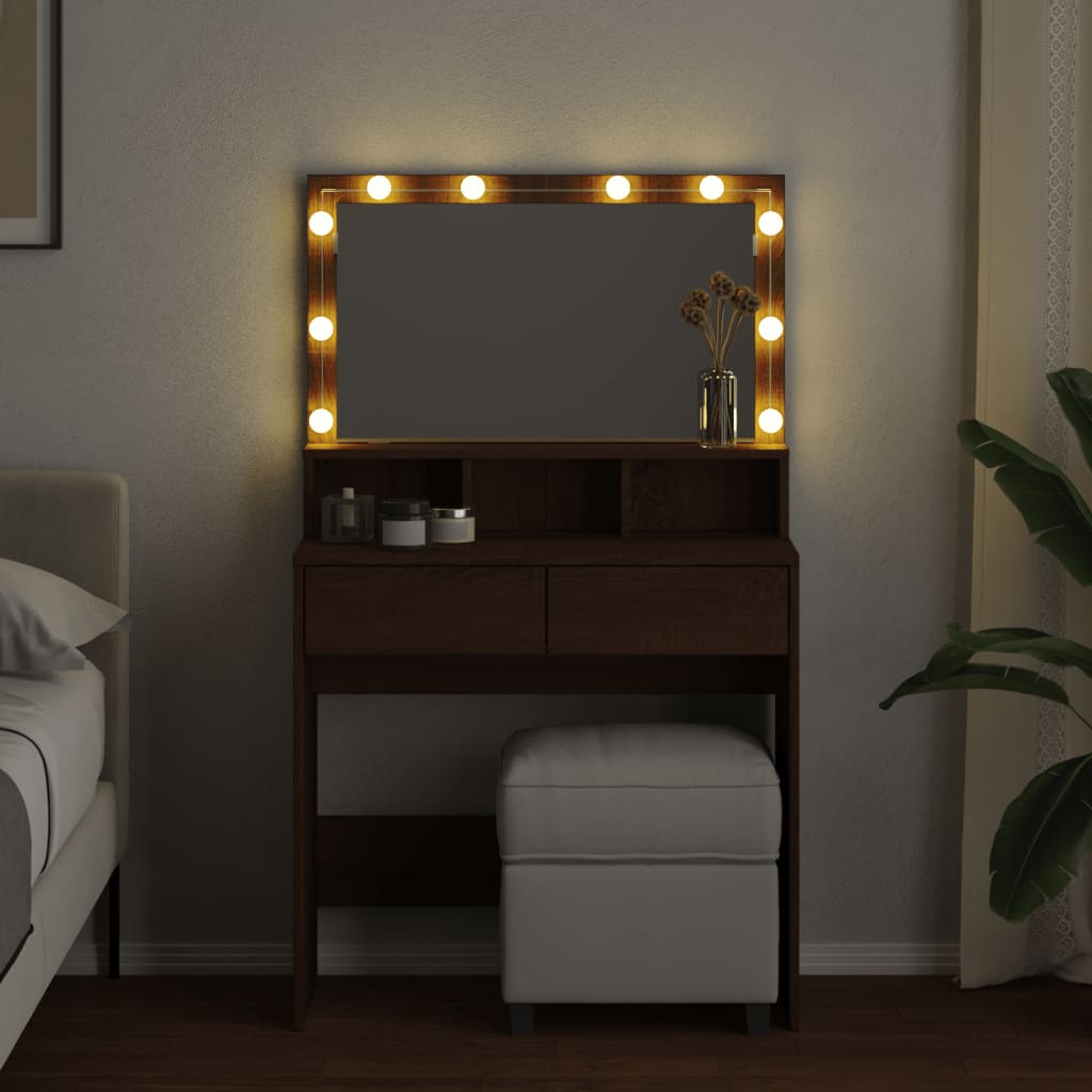 vidaXL Masă de toaletă cu LED, stejar maro, 80x41x134,5 cm