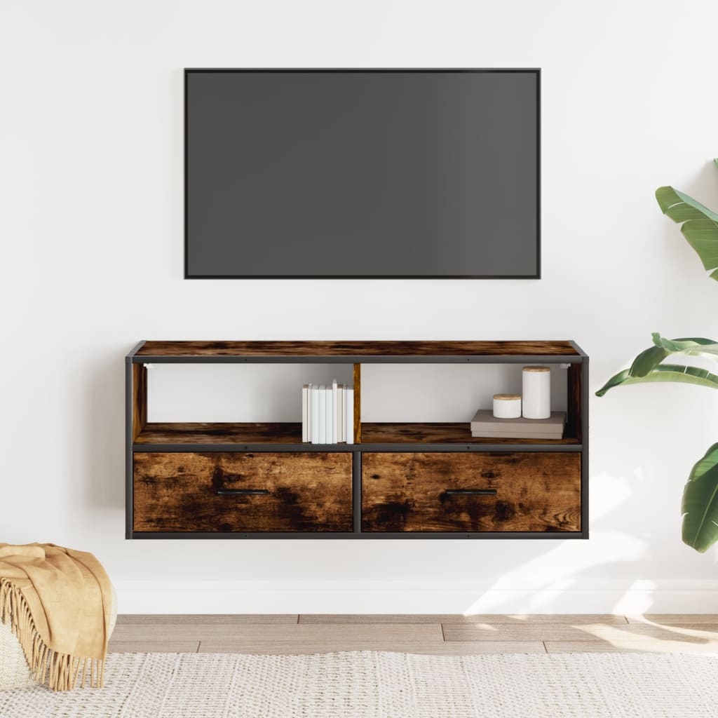 vidaXL Dulap TV stejar fumuriu 100x31x39,5 cm, lemn prelucrat și metal