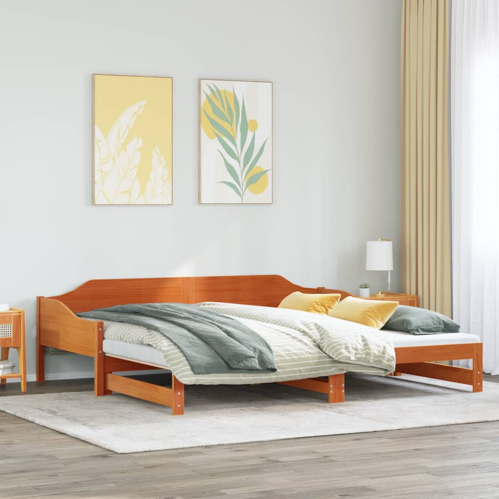 vidaXL Pat zi cu extensie fără saltele, maro, 90x190 cm, lemn masiv vidaXL Pat zi cu extensie fără saltele, maro, 90x190 cm, lemn masiv