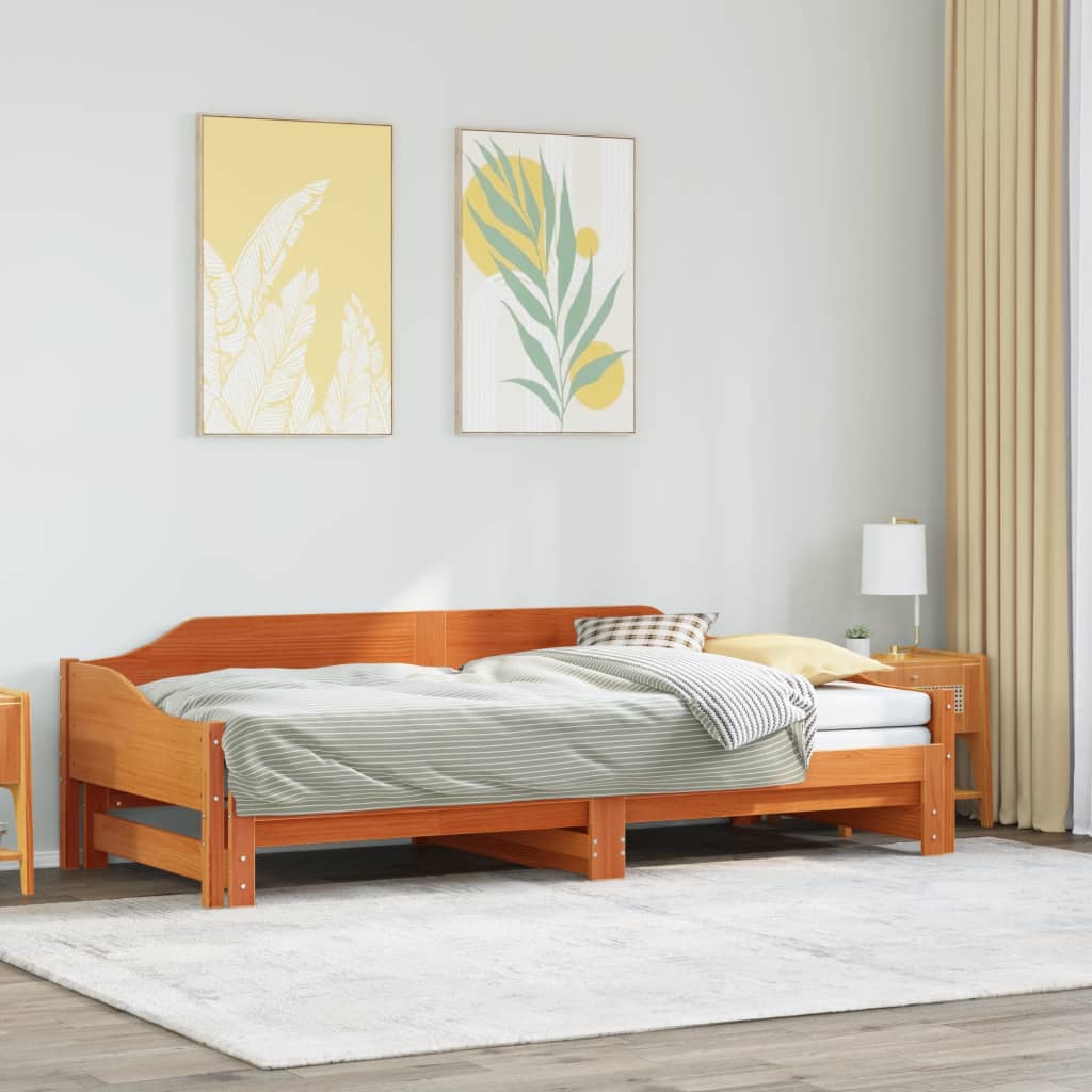 vidaXL Pat zi cu extensie fără saltele, maro, 90x190 cm, lemn masiv vidaXL Pat zi cu extensie fără saltele, maro, 90x190 cm, lemn masiv