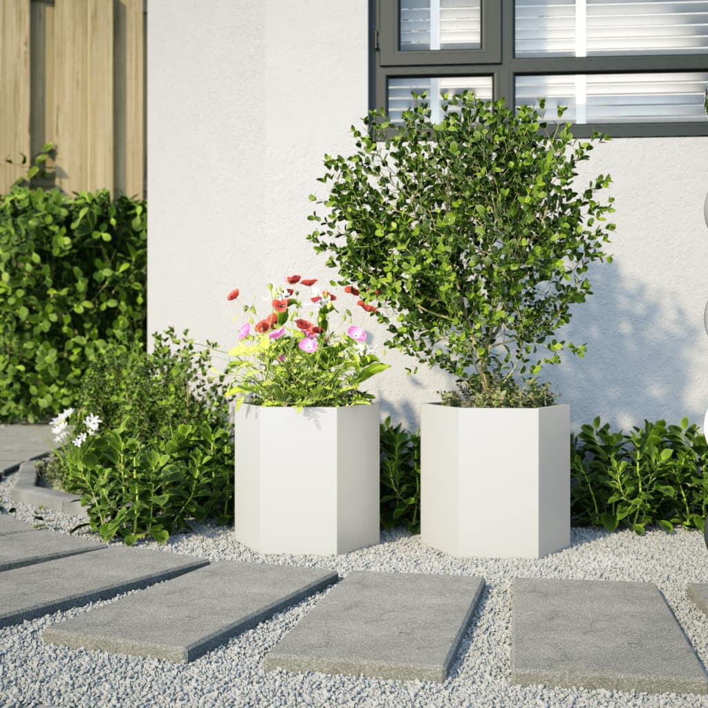 vidaXL Jardiniere de grădină, 2 buc. alb 46x40x45 cm oțel hexagonală