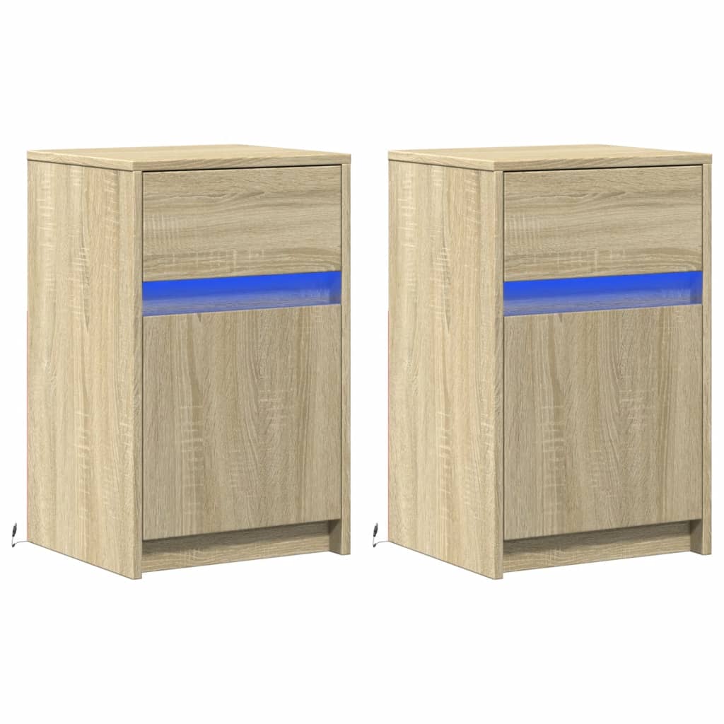 vidaXL Noptiere cu lumini LED, 2 buc., stejar sonoma, lemn prelucrat