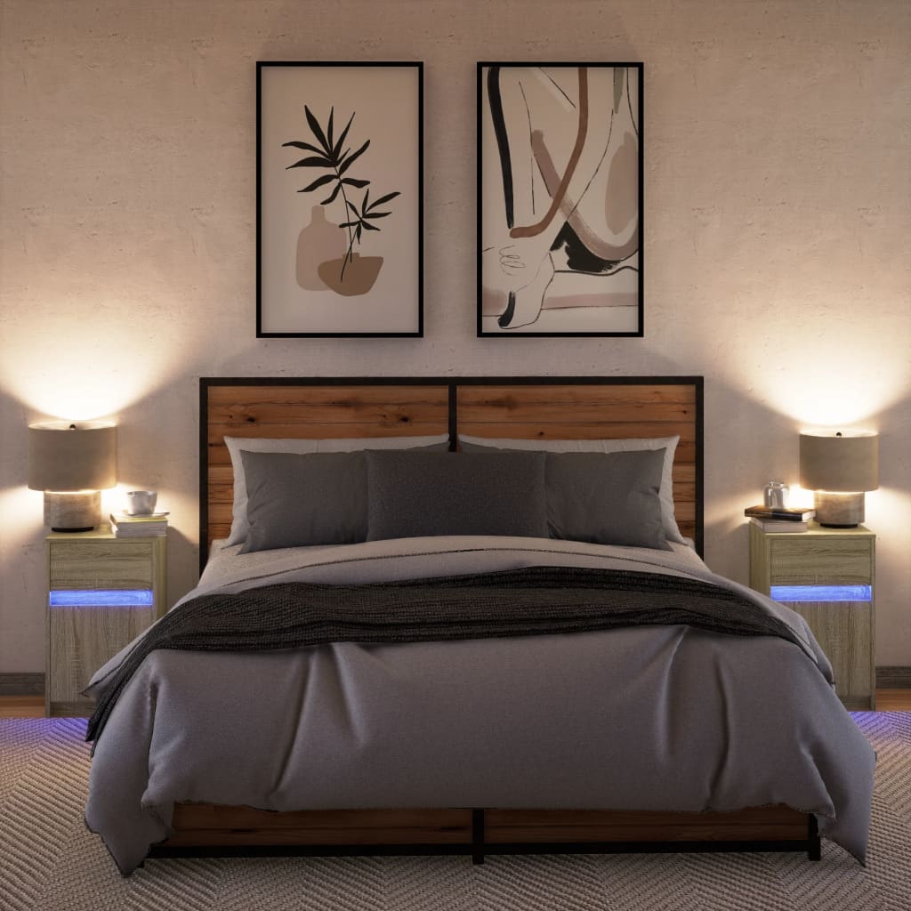 vidaXL Noptiere cu lumini LED, 2 buc., stejar sonoma, lemn prelucrat