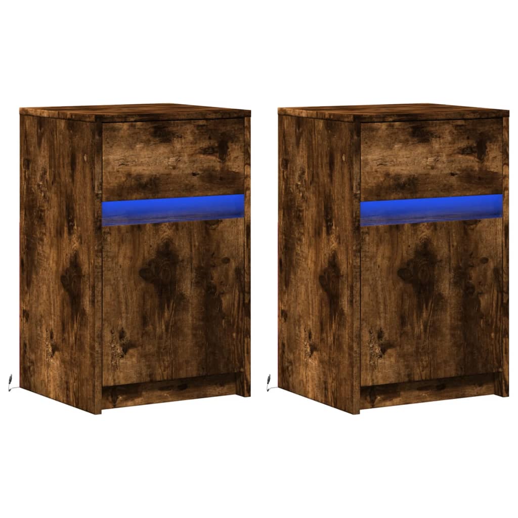 vidaXL Noptiere cu lumini LED, 2 buc., stejar fumuriu, lemn prelucrat vidaXL Noptiere cu lumini LED, 2 buc., stejar fumuriu, lemn prelucrat