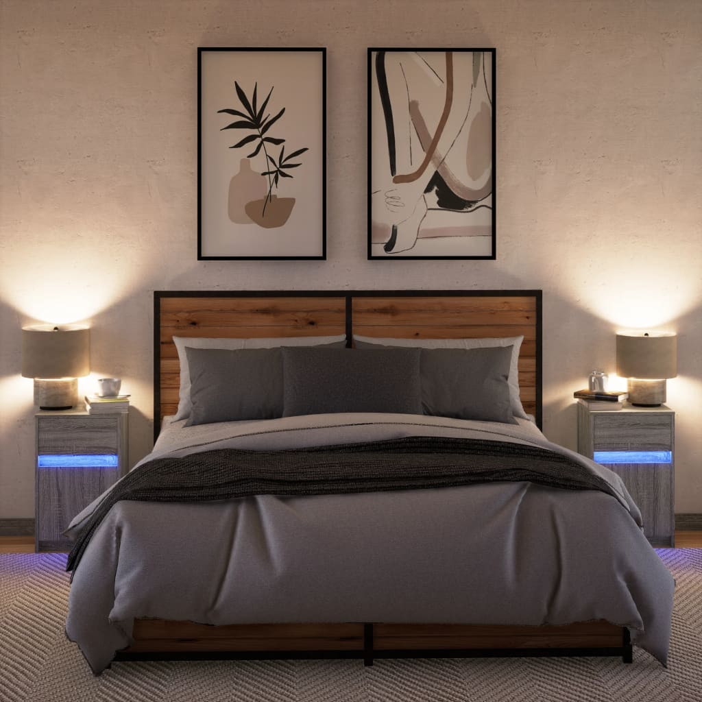 vidaXL Noptiere cu lumini LED, 2 buc., sonoma gri, lemn prelucrat