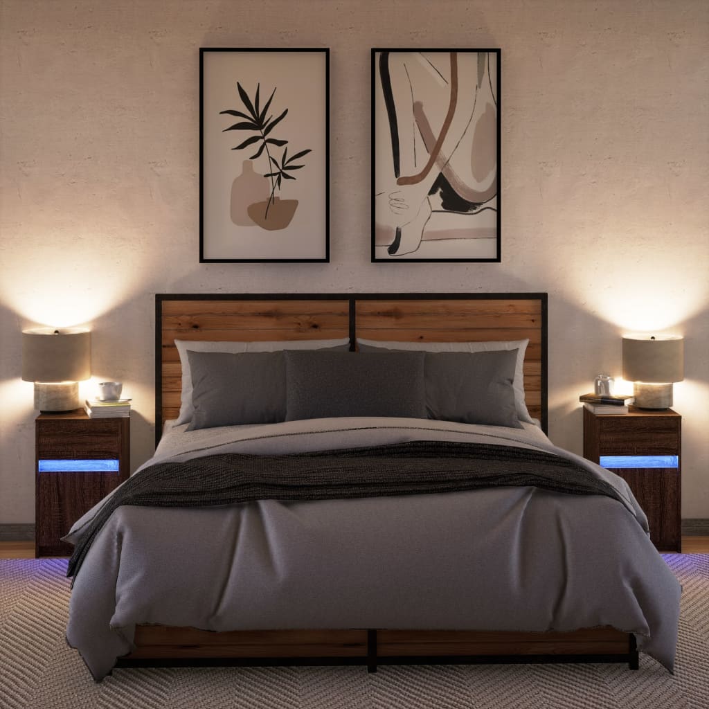 vidaXL Noptiere cu lumini LED, 2 buc., stejar maro, lemn prelucrat