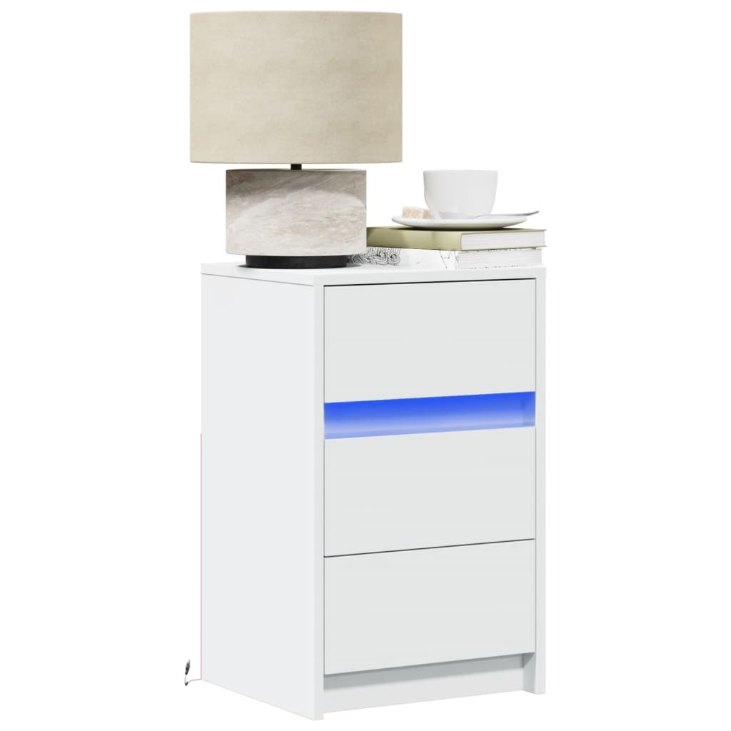 vidaXL Noptieră cu lumini LED, alb, lemn prelucrat vidaXL Noptieră cu lumini LED, alb, lemn prelucrat