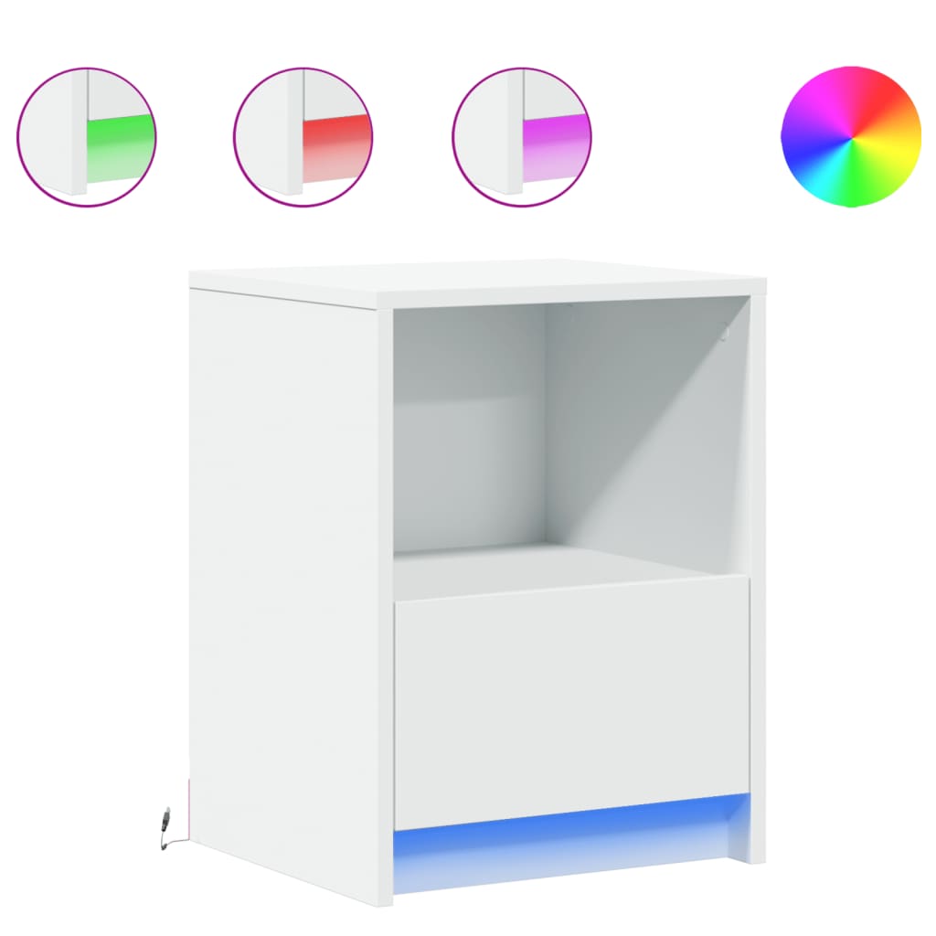 vidaXL Noptieră cu lumini LED, alb, lemn prelucrat vidaXL Noptieră cu lumini LED, alb, lemn prelucrat