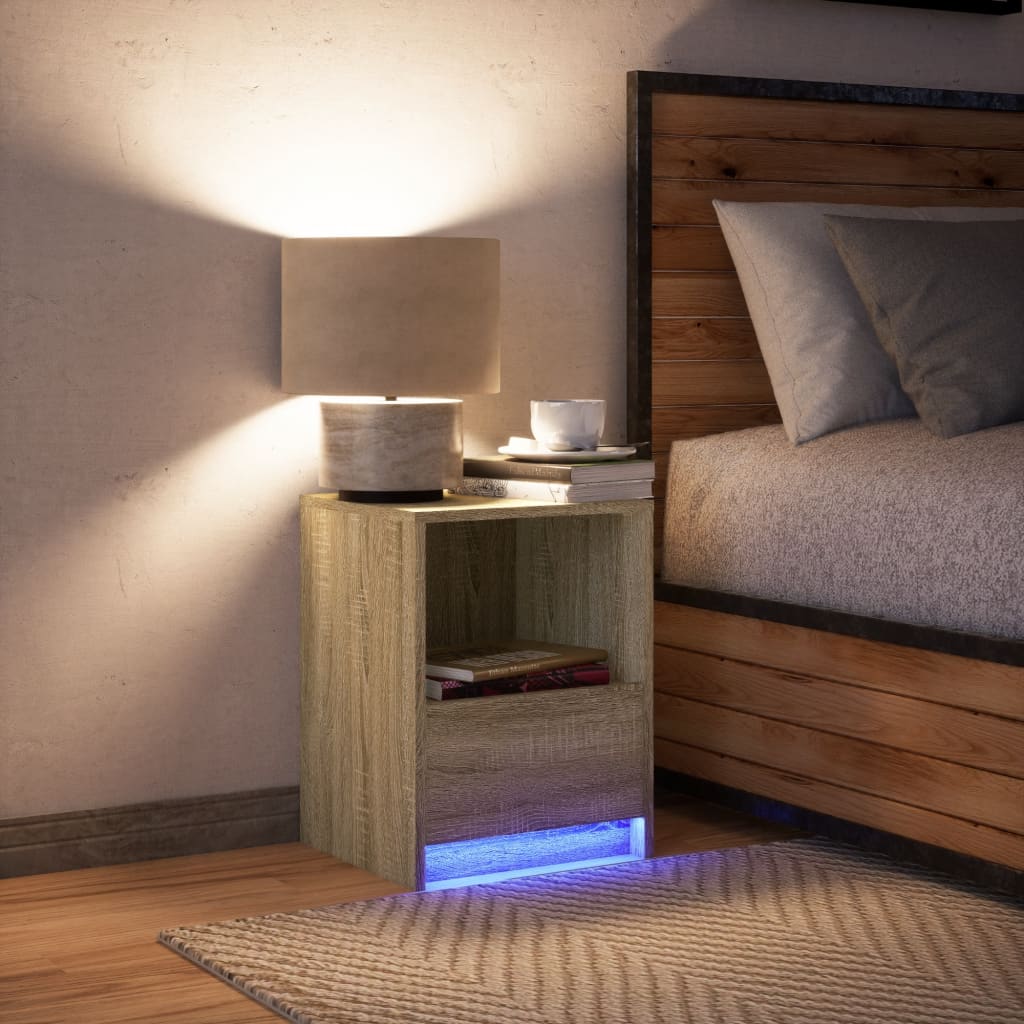 vidaXL Noptieră cu lumini LED, stejar sonoma, lemn prelucrat vidaXL Noptieră cu lumini LED, stejar sonoma, lemn prelucrat