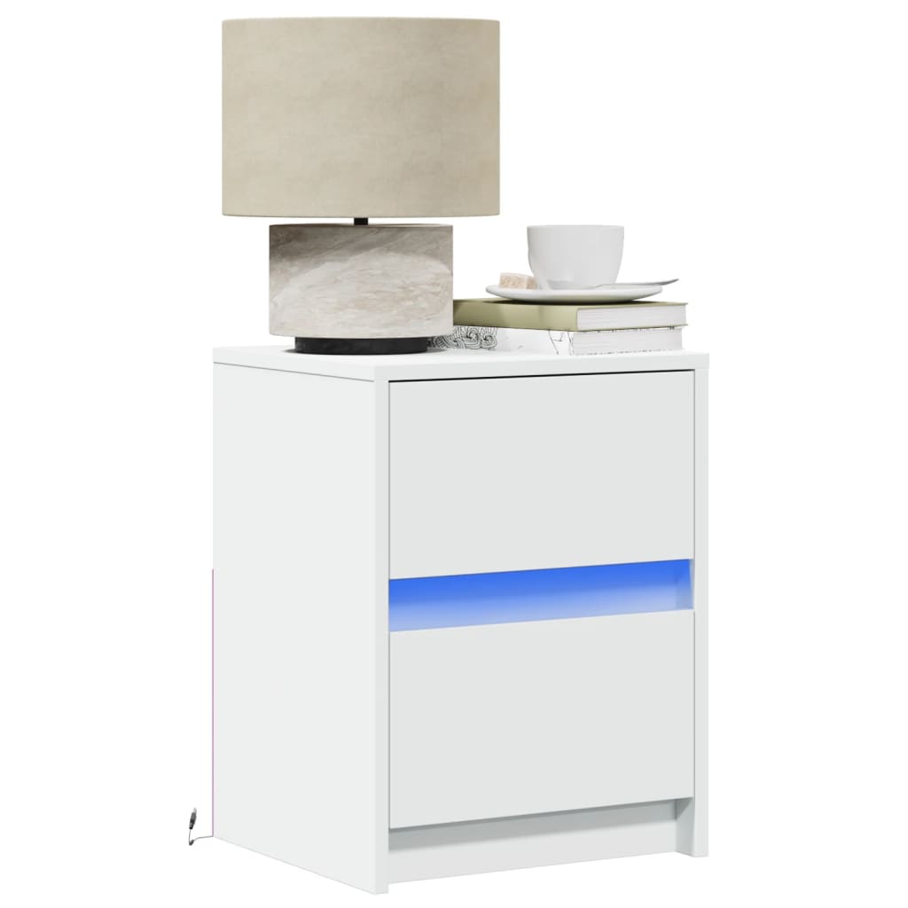 vidaXL Noptieră cu lumini LED, alb, lemn prelucrat vidaXL Noptieră cu lumini LED, alb, lemn prelucrat