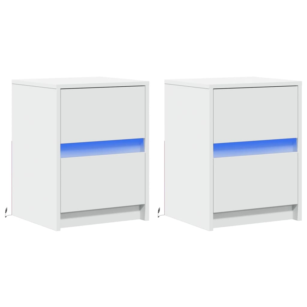 vidaXL Noptiere cu lumini LED, 2 buc., alb, lemn prelucrat