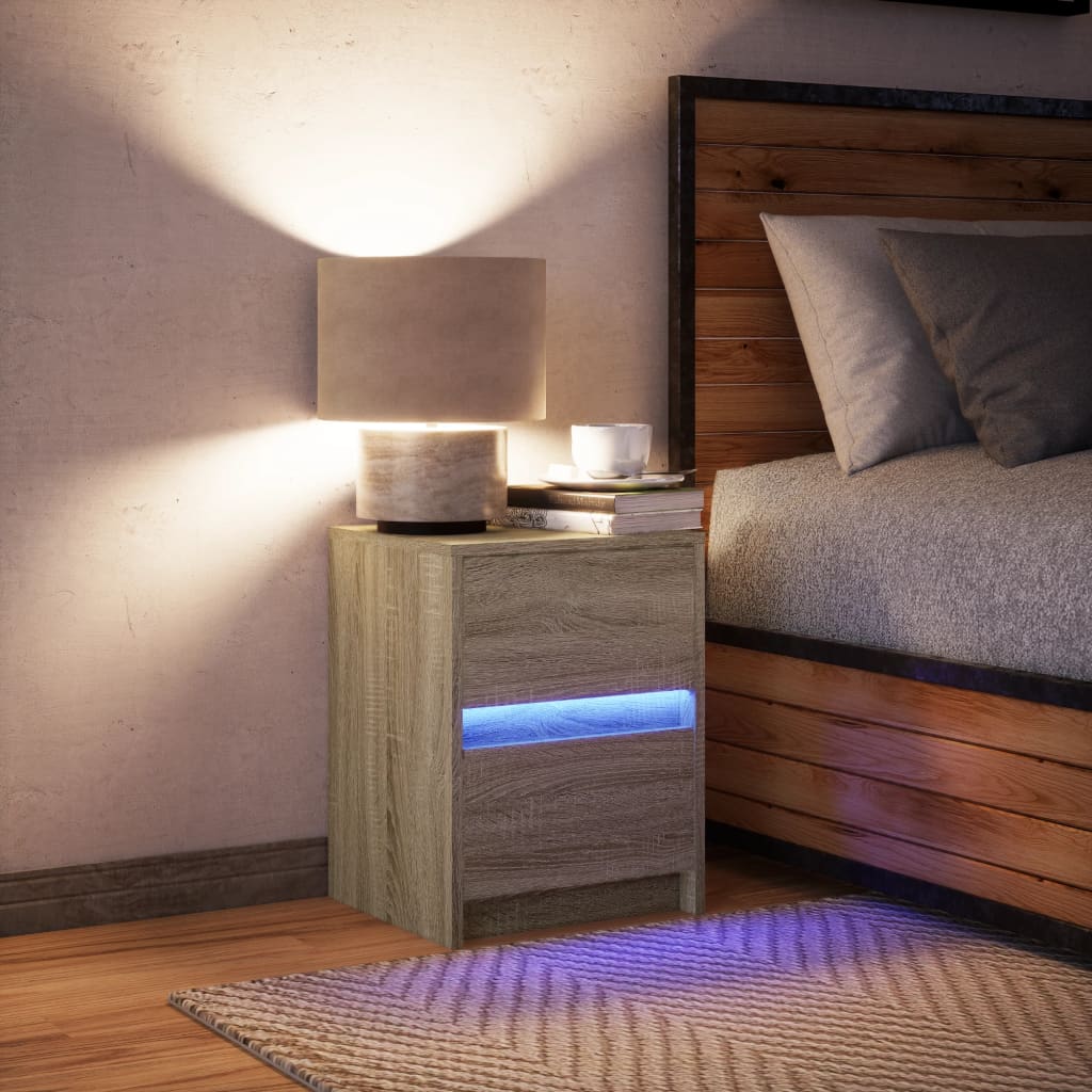 vidaXL Noptieră cu lumini LED, stejar sonoma, lemn prelucrat vidaXL Noptieră cu lumini LED, stejar sonoma, lemn prelucrat