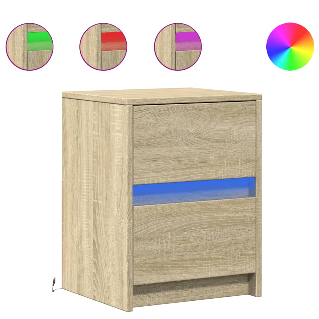 vidaXL Noptiere cu lumini LED, 2 buc., stejar sonoma, lemn prelucrat